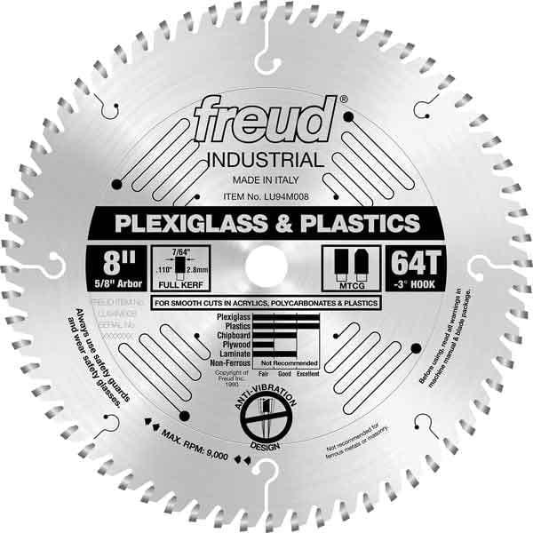 LU94M008 Industrial Plastic Blade for Plexiglass/Acrylics, 8" diameter, 5/8" arbor, 64 teeth T